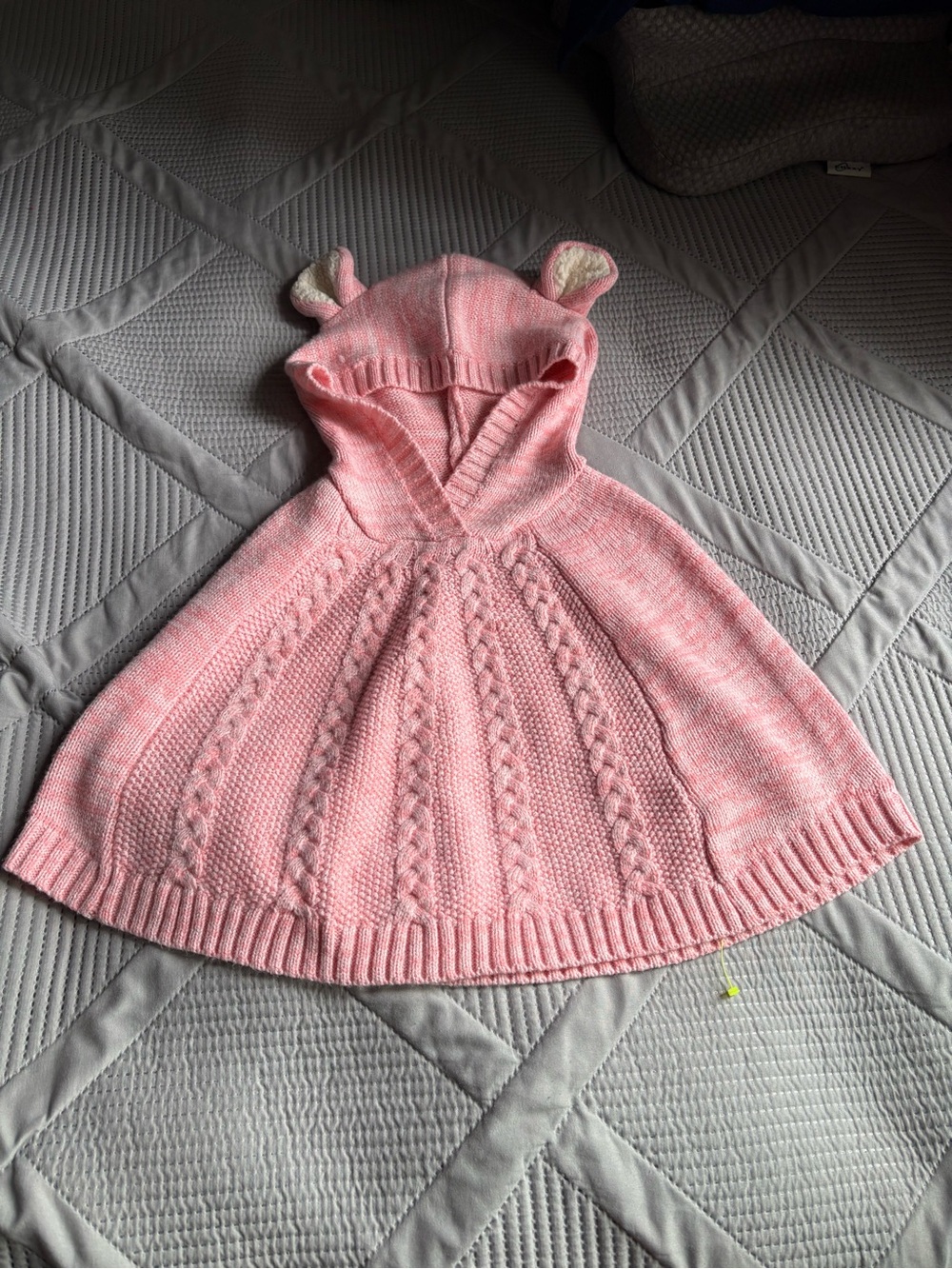 Kids Pink Hooded Knit One-Piece Poncho with Ear Detail
